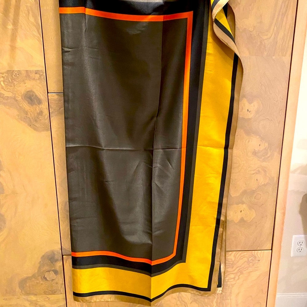 Large Yellow and Black Silk Scarf with Orange Accents